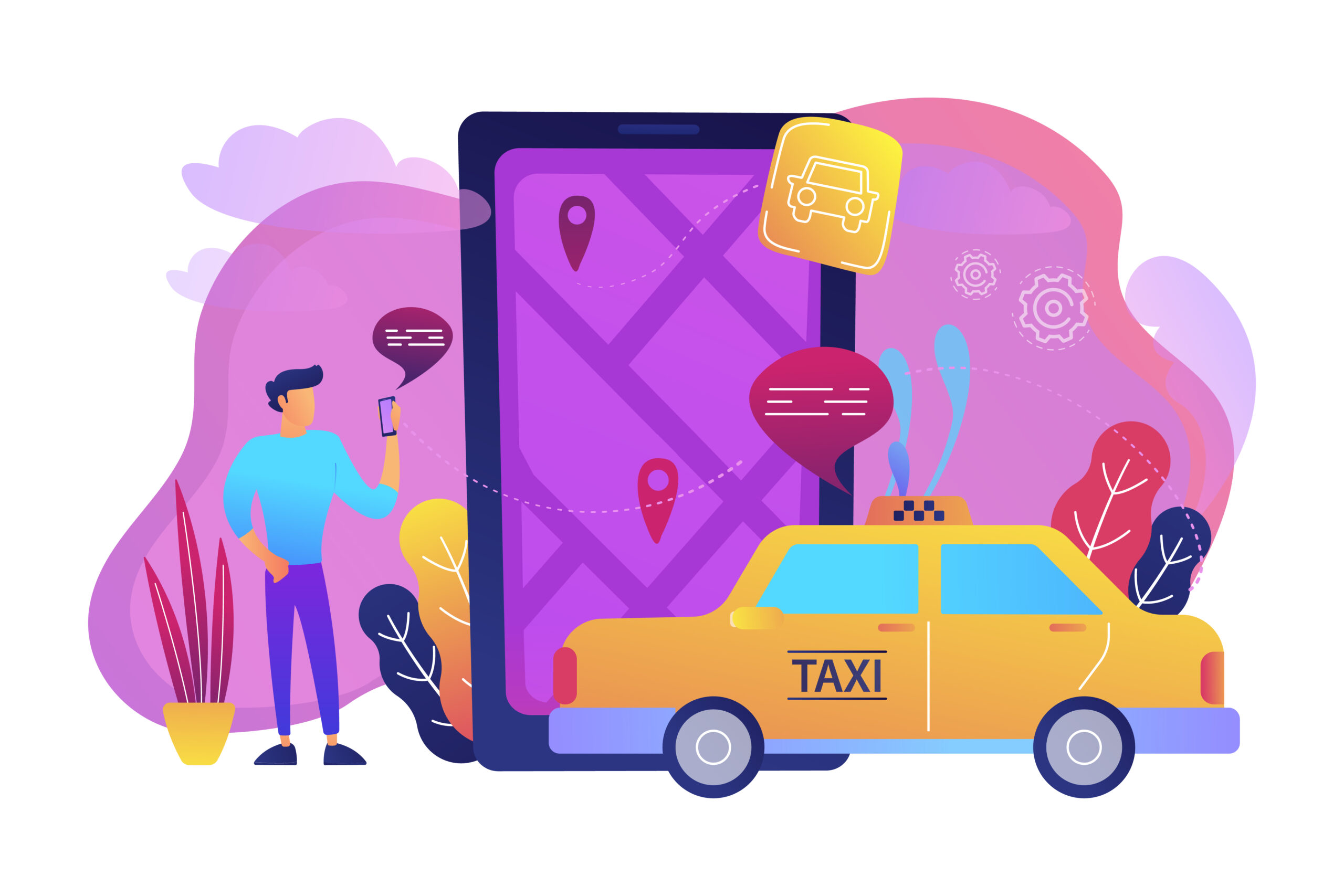 Renkli arka plan üzerinde büyük bir akıllı telefon ekranı ve sarı taksiyle taksi çağırma uygulaması kullanan kişi illüstrasyonu.