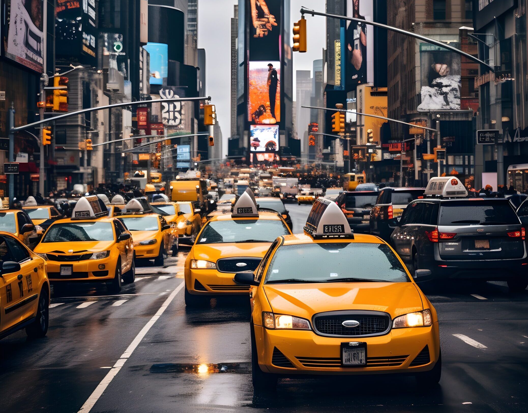 "New York Times Square'de gökdelenler ve dev reklam panoları arasında ilerleyen sarı taksiler."