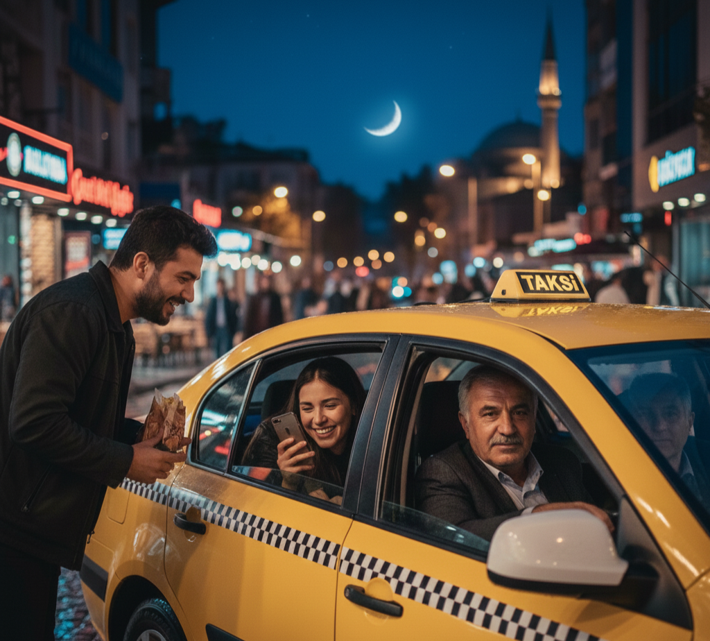 Gece vakti, parlak sarı bir taksi yan camından, dışarıdaki gülen bir adam ile telefonuna bakan neşeli bir genç kadın arasında yiyecek (muhtemelen dürüm veya sandviç) alışverişi. Arka planda dolunay/hilal, aydınlatılmış bir cami minaresi ve yoğun bir şehir caddesi görülüyor.