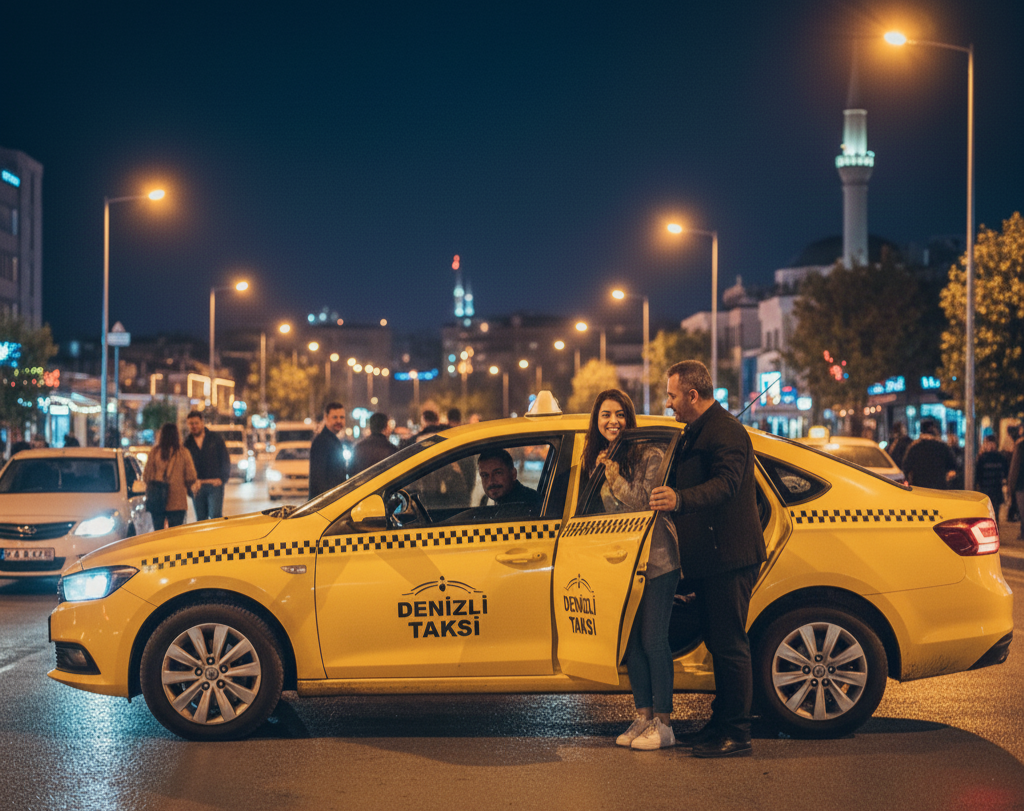 Gece, parlak sokak lambaları ve canlı şehir ışıkları altında, "DENİZLİ TAKSİ" yazılı sarı bir otomobilden (Renault Talisman veya benzeri) inen genç, güler yüzlü bir kadın. Kadına, taksinin kapısını tutarak yardım eden olgun bir adam görülüyor. Arka planda yayalar ve bir minare silüeti bulunuyor.