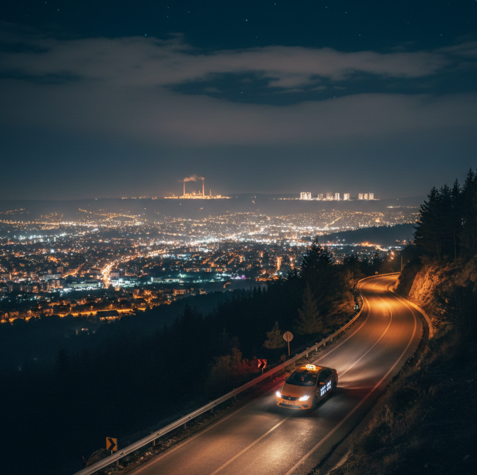 Gece vaktinde, yüksek bir tepeden şehir ışıklarına doğru kıvrılan ormanlık bir yolda ilerleyen sarı bir taksi. Arka planda geniş bir şehir manzarası, ışıklı binalar ve ufukta dumanı tüten bir sanayi tesisi yer alıyor.