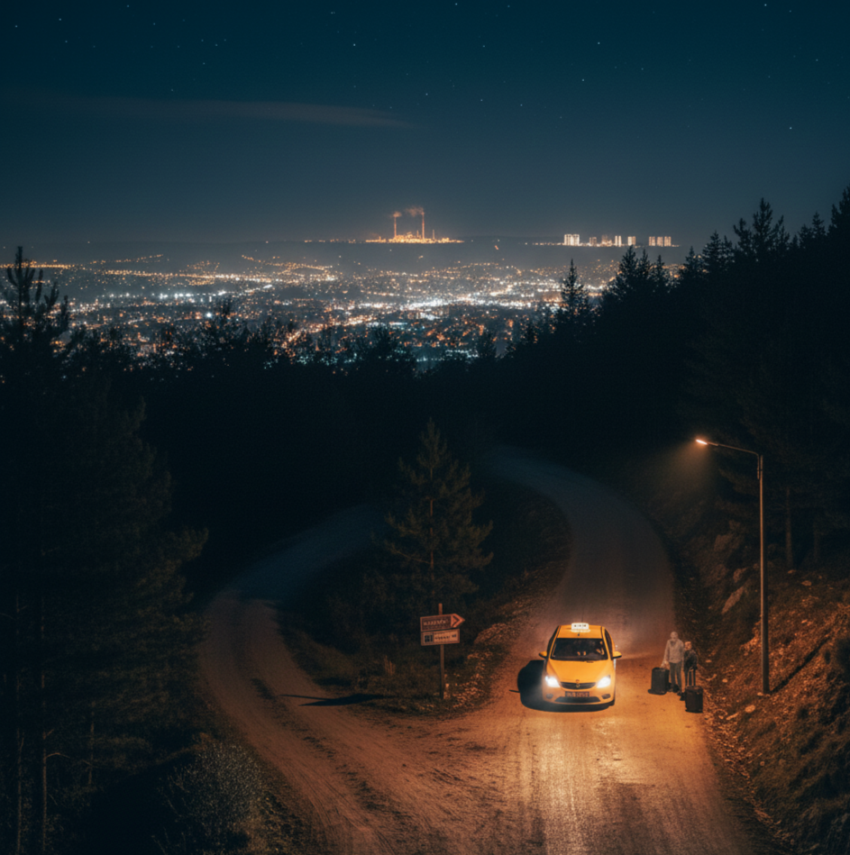 Yıldızlı bir gece vaktinde, yüksek bir tepede duran sarı bir taksi ve yanında bavullarıyla bekleyen yolcular. Arka planda çam ağaçları arasından görünen geniş bir şehir manzarası ve ufukta ışıklandırılmış bir sanayi tesisi yer alıyor.