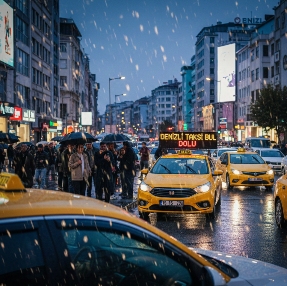 Yağmurlu bir havada, kalabalık bir cadde üzerinde ilerleyen sarı taksilerin ve şemsiyeleriyle yürüyen insanların olduğu sinematik bir şehir manzarası. Öndeki taksinin üzerinde dijital tabelada "DENİZLİ TAKSİ BUL DOLU" yazısı görülmektedir.