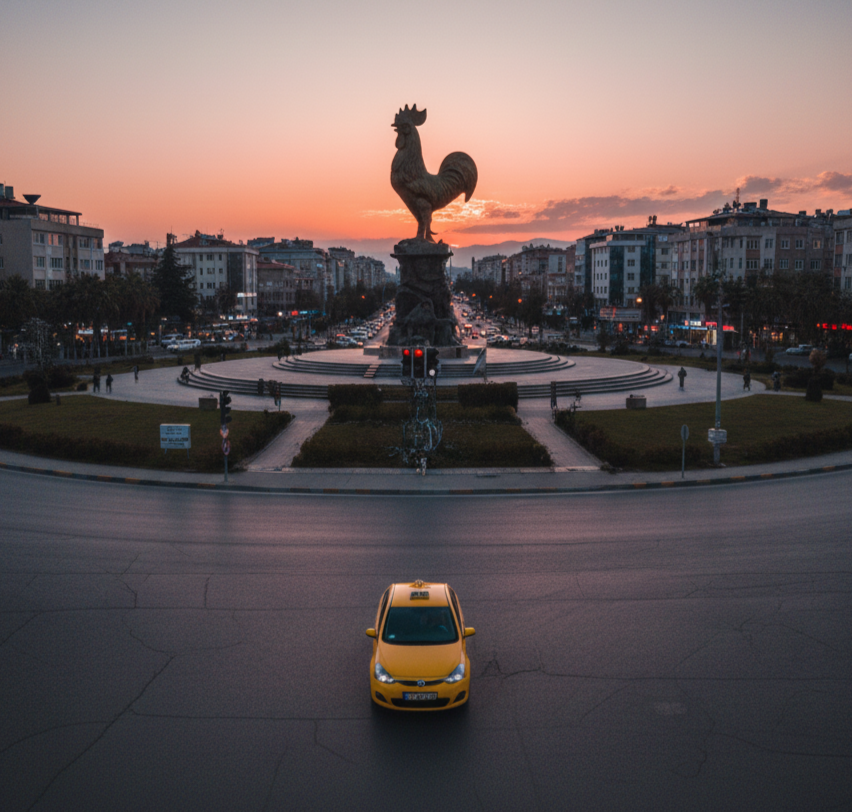 Gün batımının turuncu ve pembe tonları altında, Denizli'nin meşhur Horoz Heykeli'nin bulunduğu büyük, dairesel kavşağın önünde duran sarı bir taksi (Renault Talisman veya benzeri). Kavşak çevresinde palmiye ağaçları ve şehrin binaları görülmektedir.