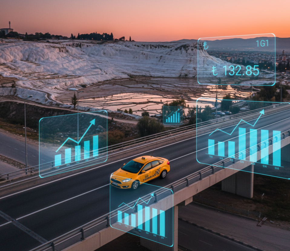 Gün batımı ışığında, Pamukkale travertenlerinin hemen önünden geçen bir karayolu köprüsünde seyreden sarı bir taksinin havadan çekilmiş görüntüsü. Görselin üzerine, yükseliş eğilimli grafikler ve $\text{₺ 132.85}$ olarak gösterilen bir taksi ücreti bilgisi bindirilmiştir.