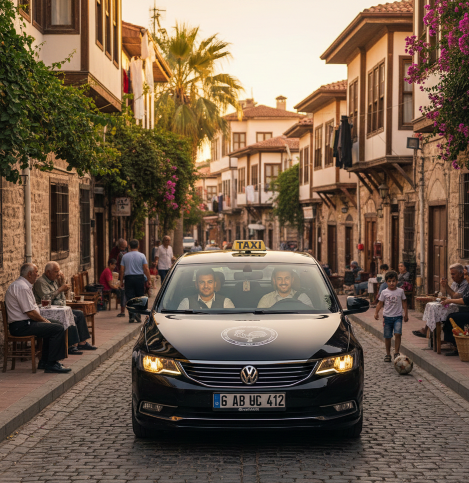 Dar bir parke taşlı sokakta, üzerinde Denizli'nin simgesi olan horoz logosu bulunan siyah bir taksi önden görülüyor. Aracın içinde iki adam gülümsüyor. Sokağın her iki yanında geleneksel Osmanlı mimarisine sahip cumbalı beyaz evler ve dışarıdaki masalarda oturan insanlar yer alıyor.