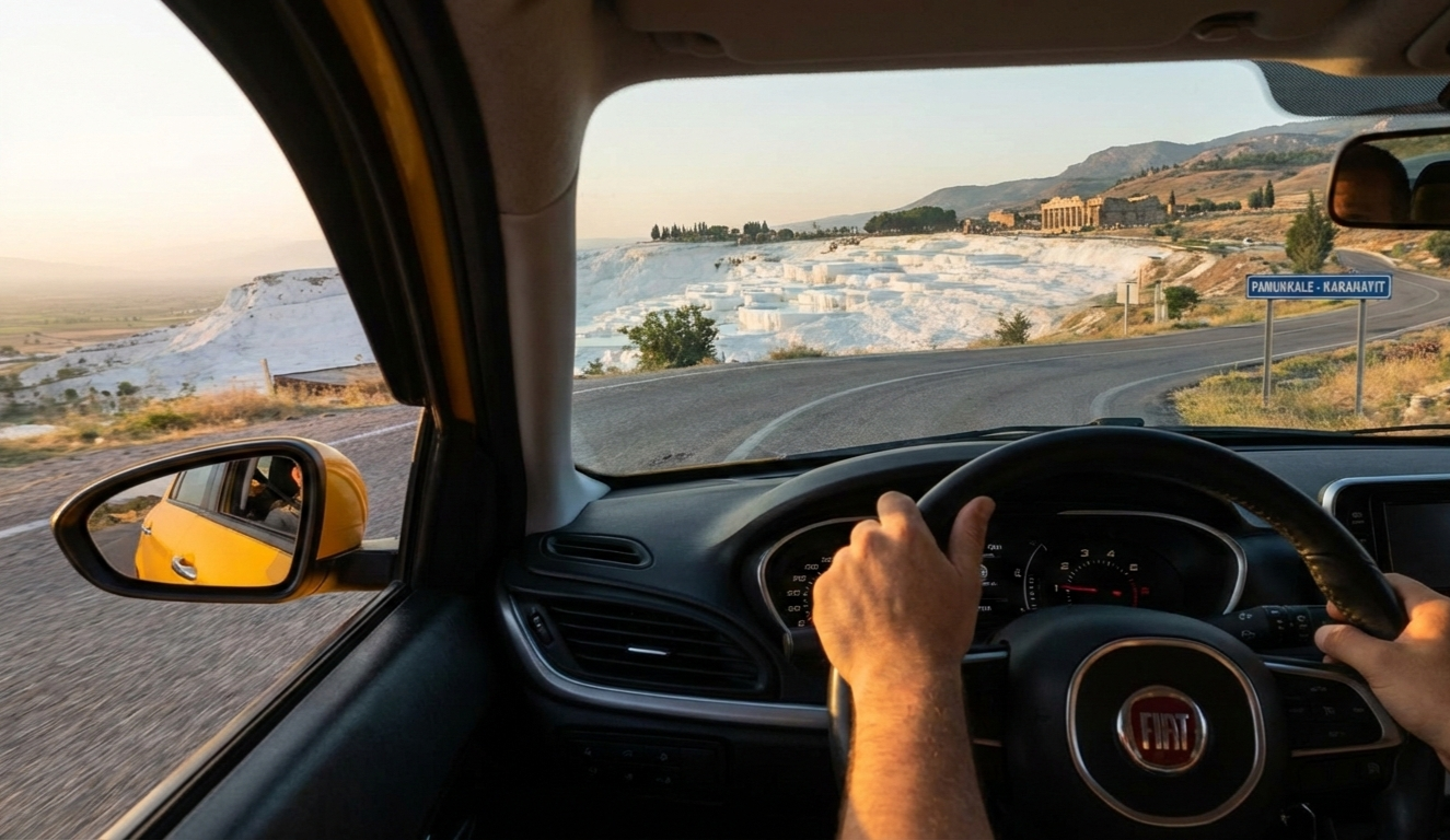 Sürücü koltuğundan çekilmiş, direksiyonu tutan ellerin ve ön camdan görünen beyaz Pamukkale travertenleri ile Pamukkale-Karahayıt yol tabelasının yer aldığı bir yolculuk fotoğrafı.