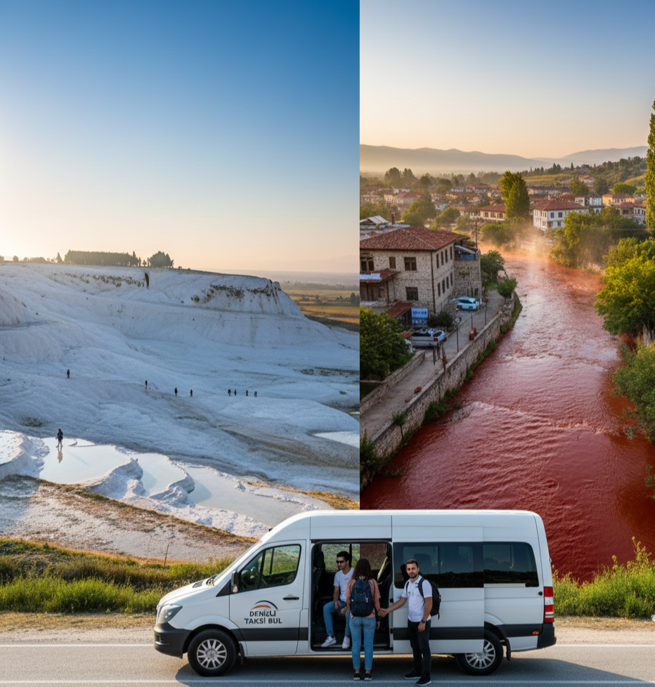 Solda Pamukkale'nin beyaz travertenleri, sağda Karahayıt'ın kırmızı termal nehri ve ön planda yolcuların bindiği "Denizli Taksi Bul" logolu beyaz transfer minibüsü içeren kolaj görseli.