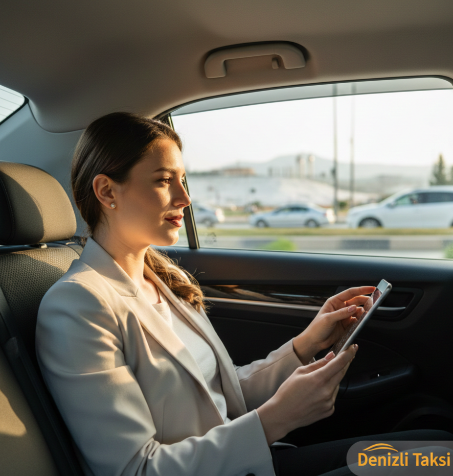 Bir taksinin arka koltuğunda oturan, beyaz ceketli genç bir iş kadını. Kadın elindeki tableti kullanırken pencereden dışarı bakıyor. Arka planda Denizli'nin simgesi Pamukkale Travertenleri silüeti ve akan bir trafik görülüyor. Sağ alt köşede "Denizli Taksi" logosu yer alıyor.