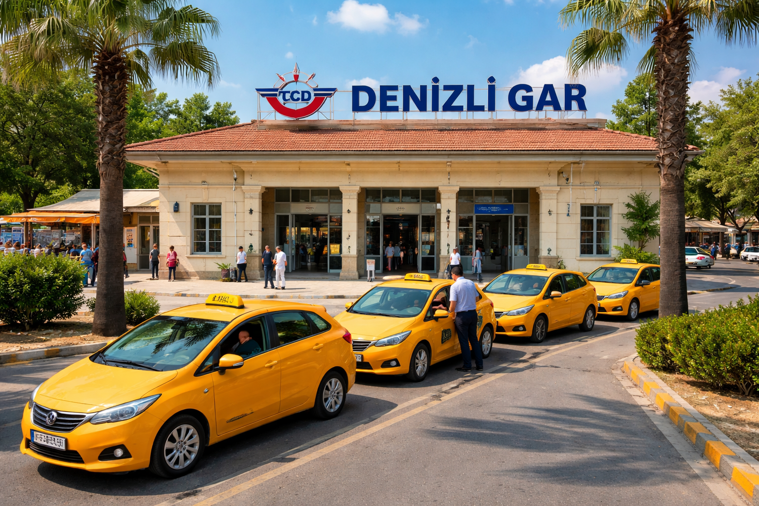 Denizli Garı önünde sıra halinde bekleyen sarı taksiler ve istasyon girişinde yolcuların bulunduğu gündüz manzarası.