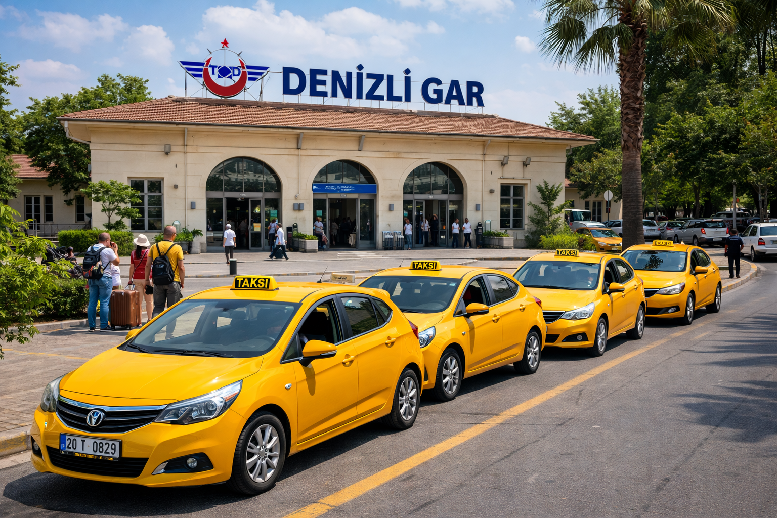 Denizli Garı önünde yolcu bekleyen sarı taksiler ve istasyon girişinde hareketlilik yaşanan gündüz sahnesi.
