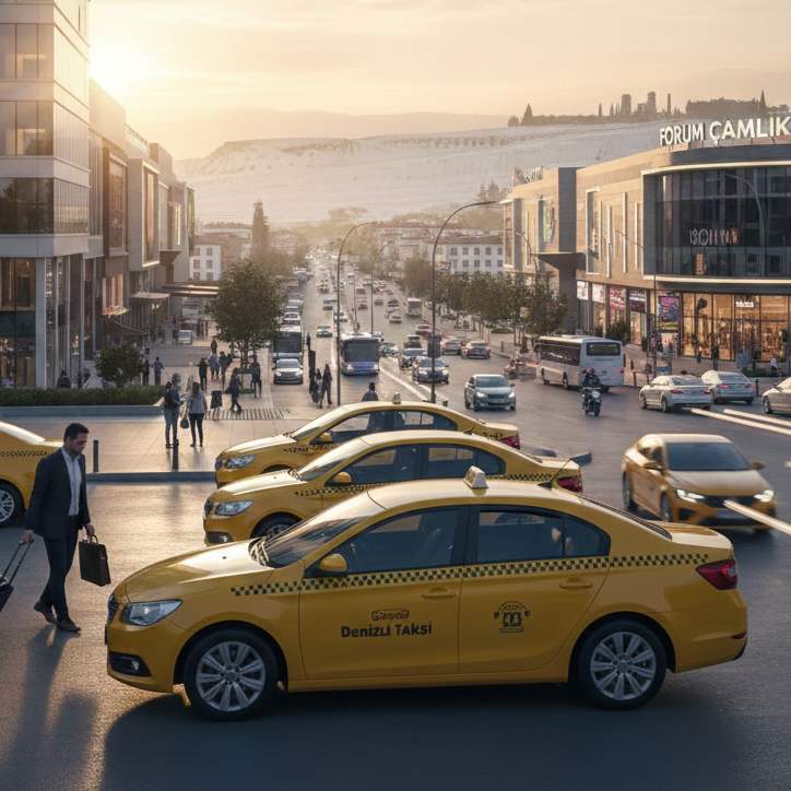 Bu resimde, gün batımının sıcak renkleri altında hareketli bir Denizli caddesi canlanıyor. Ön planda, "Denizli Taksi Bul" yazılı sarı ticari taksiler sıralanmış durumda, kapıları açık bekliyor. Valizleriyle yürüyen insanlar, taksilere binmek veya yollarına devam etmek üzere hareket halinde.
