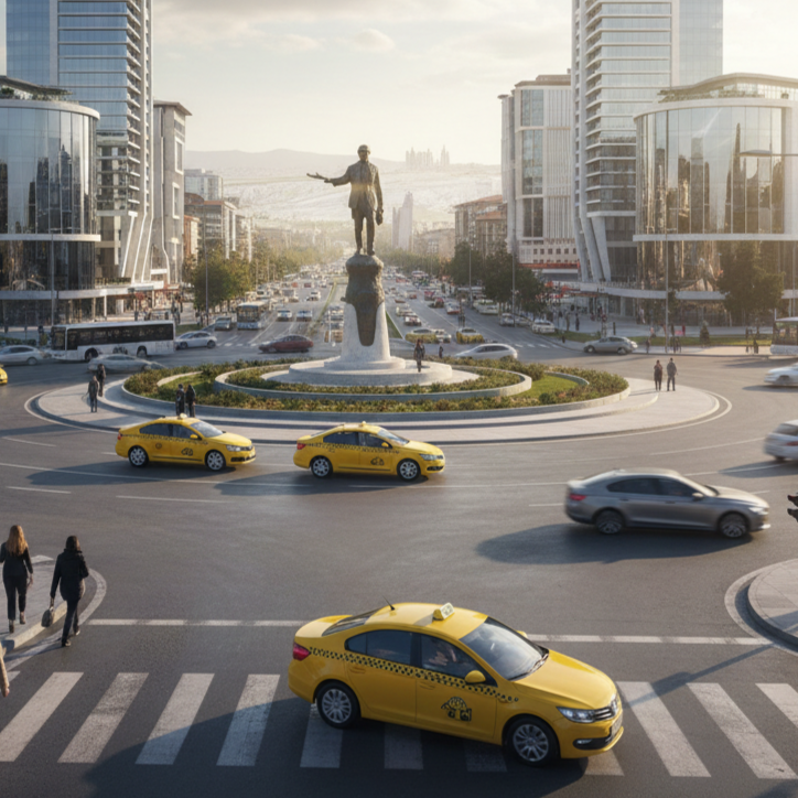 Geniş bir kavşağın ortasında yer alan yüksek kaideli bir heykelin etrafında akan trafiği gösteren bir şehir manzarası. Görselin ön planında sarı taksiler ve yaya geçidinden geçen insanlar bulunurken, arka planda yüksek katlı cam binalar, geniş bir bulvar ve puslu dağ silüeti yer alıyor.