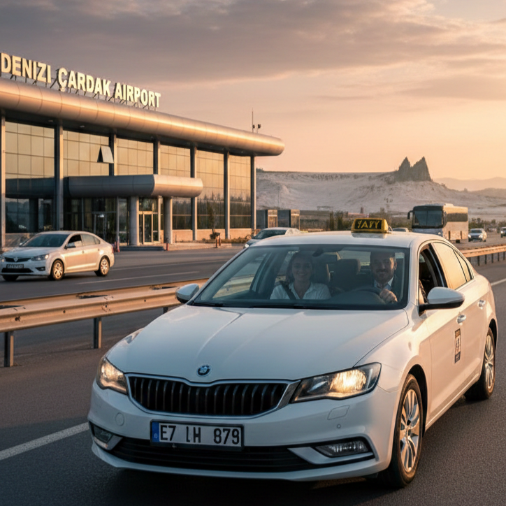 Gün batımı saatlerinde Denizli Çardak Havalimanı terminal binası önündeki yolda ilerleyen, içinde yolcu ve şoförün bulunduğu beyaz bir taksi.