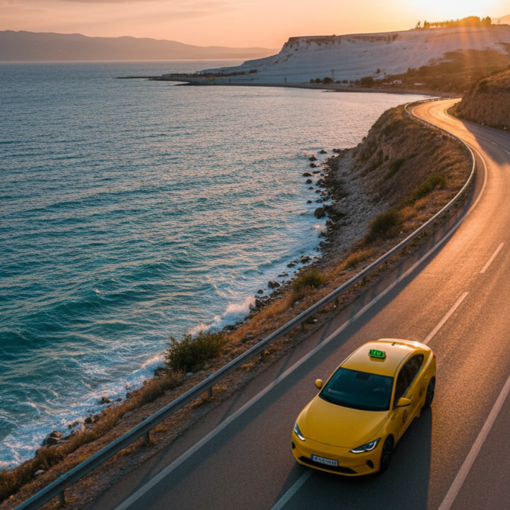 Gün batımı sırasında deniz kıyısındaki virajlı bir sahil yolunda ilerleyen sarı bir taksinin yüksek açılı görünümü. Arka planda turkuaz sular, kayalık kıyılar ve hafif sisli dağ manzarası yer alıyor.