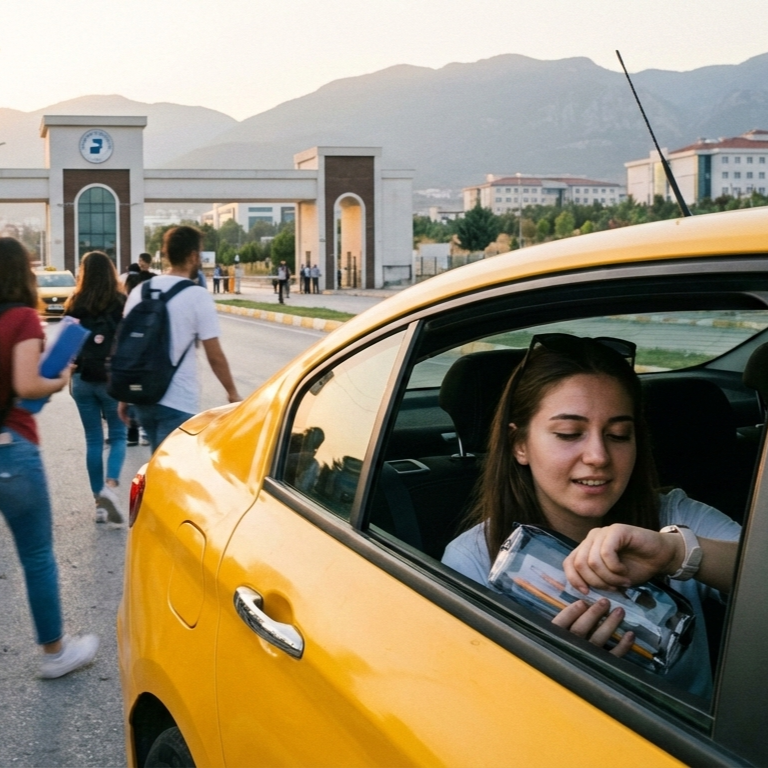 "Sarı bir taksinin arka koltuğunda oturan, elinde içi kalem dolu şeffaf bir kalemlik tutan ve endişeli bir ifadeyle kol saatini kontrol eden genç kadın öğrenci; arka planda ise Denizli Pamukkale Üniversitesi'nin ana giriş kapısı ve kampüse doğru yürüyen diğer öğrenciler." - Denizli’de Sınav Stresine Son