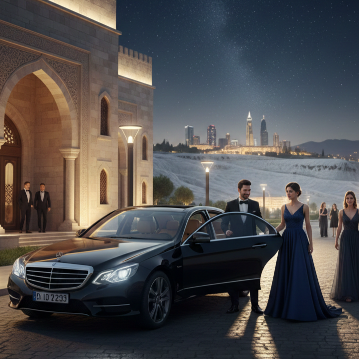 Gece karanlığında, ışıklandırılmış tarihi bir yapının önünde duran siyah lüks bir otomobil ve şık gece kıyafetleri içindeki insanlar. Arka planda Pamukkale travertenleri, modern bir şehir silüeti ve yıldızlı gökyüzü görünmektedir.-Denizli’de Özel Gün