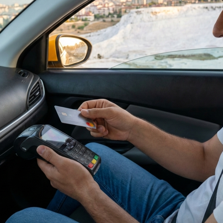 Bir otomobilin içinde oturan kişinin, elindeki kredi kartını temassız ödeme yapmak için bir POS cihazına yaklaştırdığı anın yakın çekimi. Arka planda aracın penceresinden görünen beyaz travertenler (Pamukkale) fark edilmektedir.