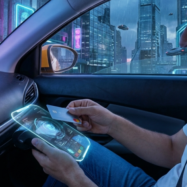 Geleceğin dünyasında bir araç içerisinde oturan kişinin, hologram ekranlı dijital bir POS cihazına kredi kartını yaklaştırdığı anın tasviri. Pencerenin dışında uçan arabalar, neon ışıklı gökdelenler ve fütüristik bir şehir manzarası görülmektedir.