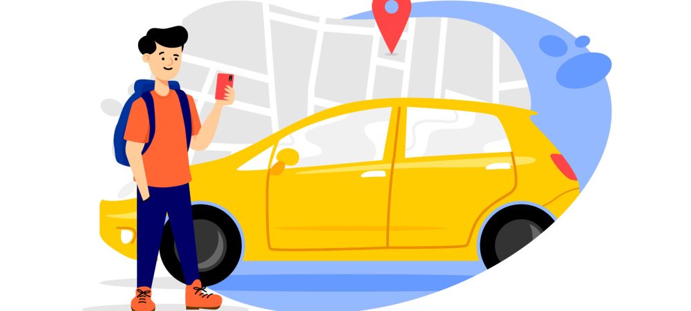Sırt çantalı bir gencin elindeki telefona bakarken yanında park etmiş sarı bir taksi ve arka planda harita ile konum simgesinin yer aldığı illüstrasyon.