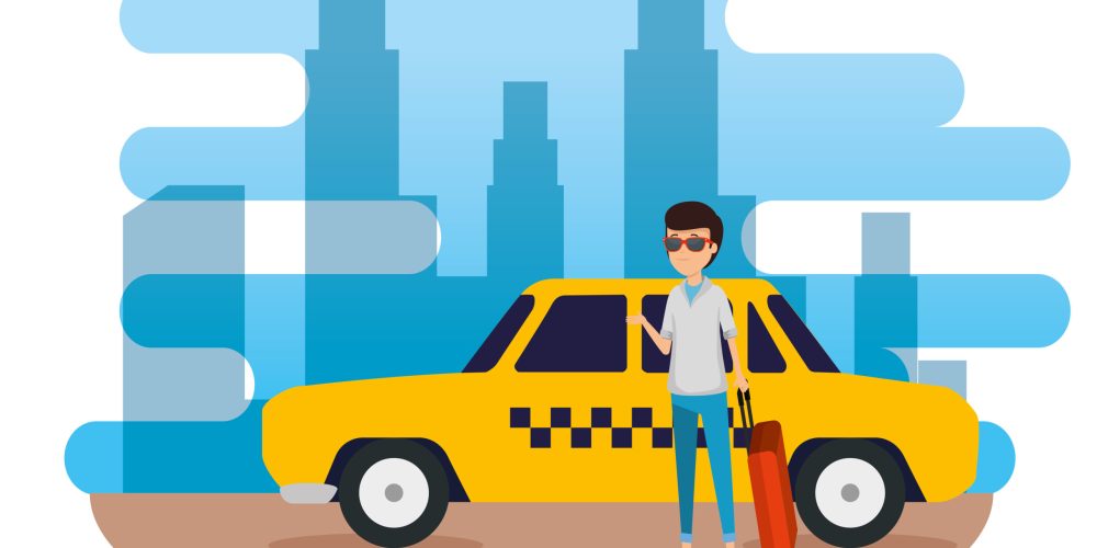 Bavuluyla sarı taksinin yanında duran yolcu illüstrasyonu – şehir arka planında Denizli Taksibul ulaşım hizmeti.