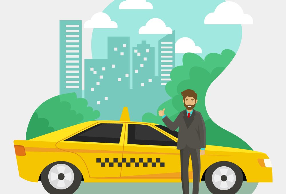 Şehir manzarası önünde sarı taksinin yanında duran takım elbiseli sürücü illüstrasyonu – Denizli Taksibul taksi hizmeti.