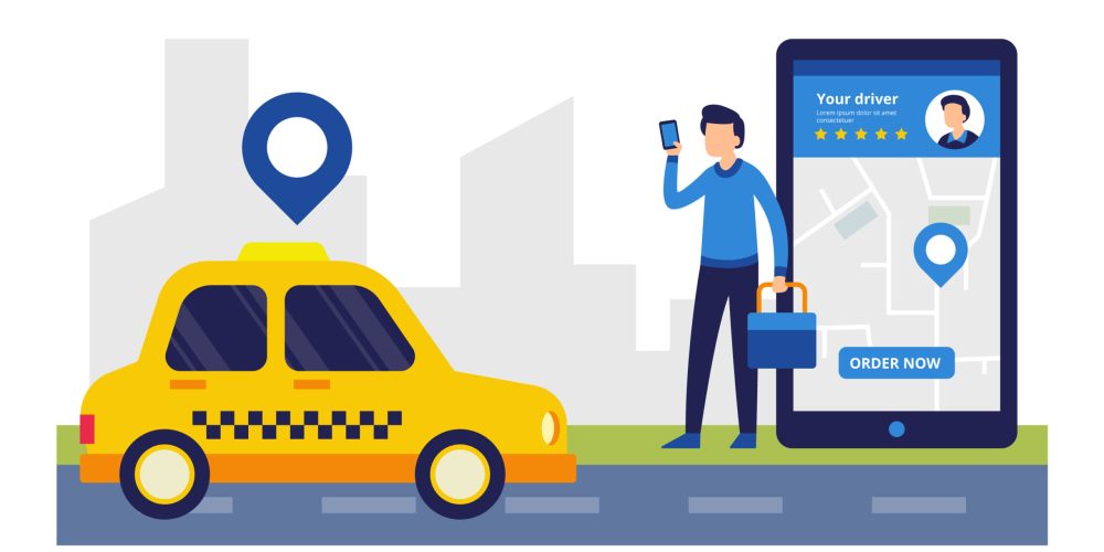 Mobil uygulama üzerinden taksi çağıran kişi ve sarı taksi illüstrasyonu – Denizli Taksibul hizmeti.