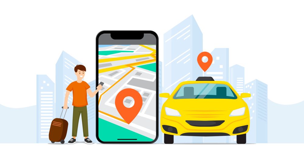Bir şehir silüeti önünde, valizli bir kişinin telefonundan harita uygulaması açık şekilde taksi çağırdığı illüstrasyon.