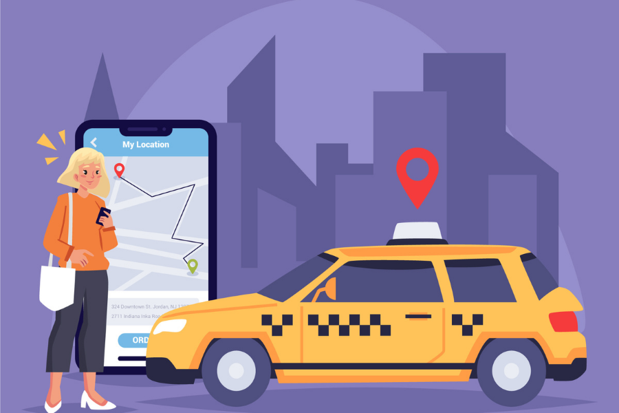 Akıllı telefon uygulamasıyla konumundan taksi çağıran kadın illüstrasyonu – şehir fonunda sarı taksi ve Denizli Taksibul mobil ulaşım hizmeti.