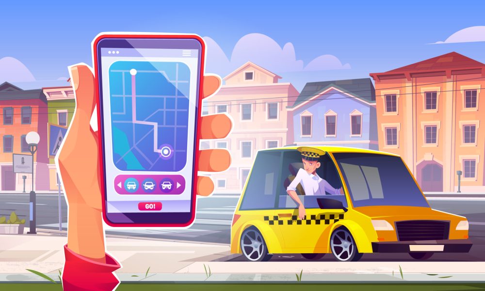 “Telefon ekranında taksi çağırma uygulaması açıkken, yakınlarda duran sarı bir taksinin sürücüsü yolcuya doğru bakıyor.”