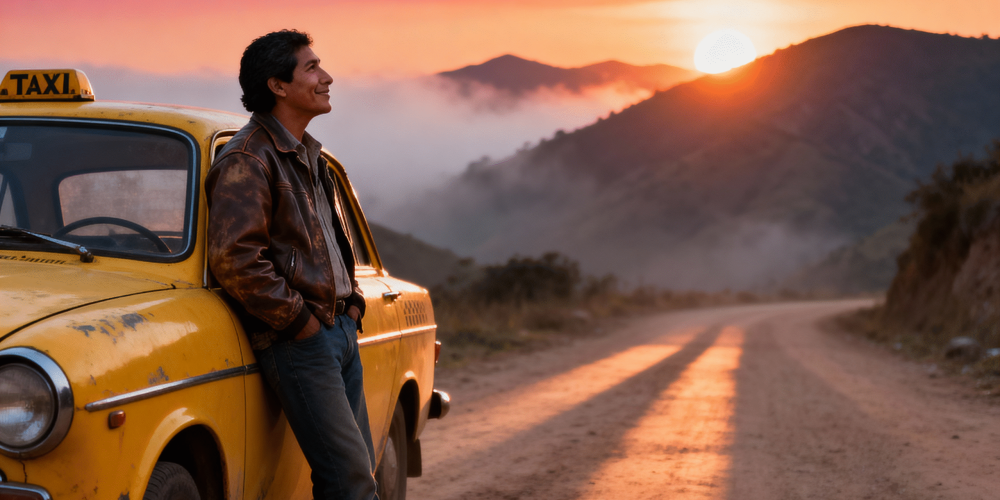 "Gün batımında ıssız bir toprak yolun kenarında duran eski model sarı bir taksiye yaslanmış, manzarayı seyreden deri ceketli bir adamın huzurlu portresi."