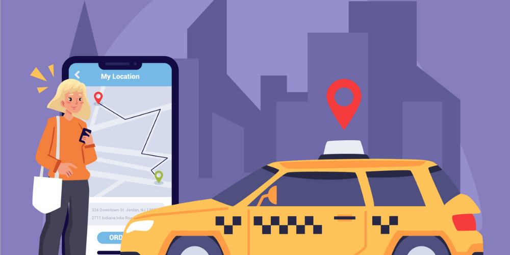 Akıllı telefon uygulamasıyla konumundan taksi çağıran kadın illüstrasyonu – Denizli Taksibul mobil ulaşım hizmeti.