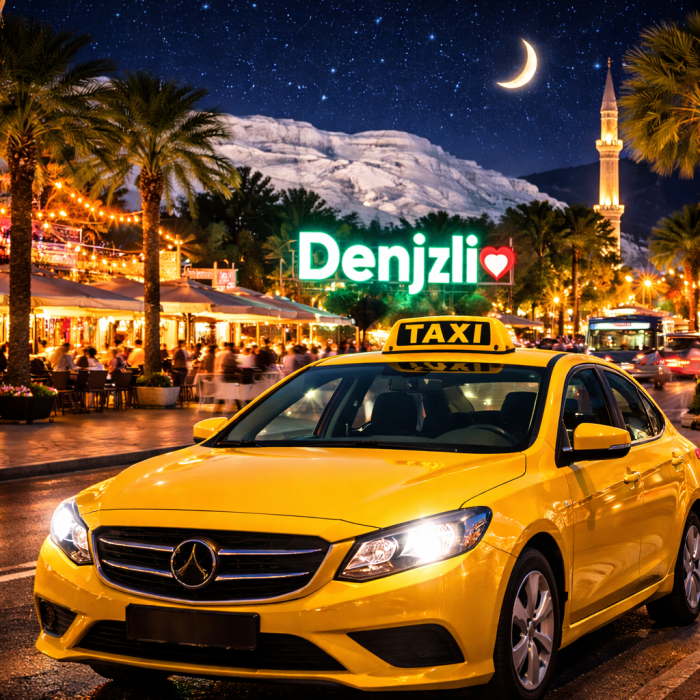 Gece vakti Denizli'de bir sokakta duran sarı bir taksi. Arka planda ışıklandırılmış kafeler, palmiye ağaçları, parlayan "Denizli" tabelası ve beyaz Pamukkale travertenleri ile yıldızlı, ay ışıklı bir gökyüzü görülüyor.