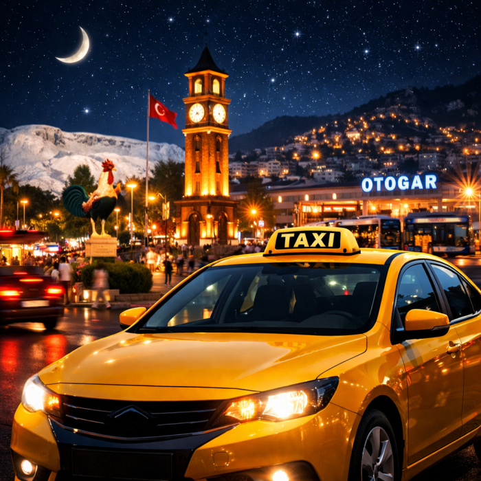 Gece ışıklarıyla aydınlanan şehir meydanında saat kulesi ve Türk bayrağı önünde duran sarı taksi; arka planda otogar binası, dağlar ve yıldızlı gökyüzü görülüyor.