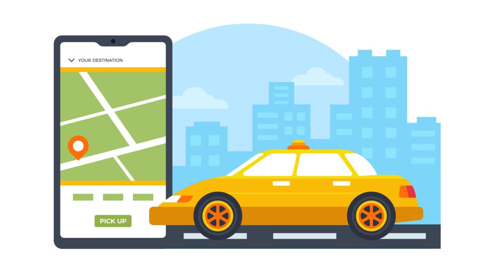 Akıllı telefon ekranında harita uygulaması ve yanında şehirde ilerleyen sarı taksi illüstrasyonu.