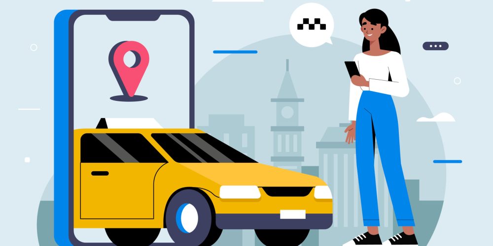 Akıllı telefon ekranında konum işareti ile taksi çağırma uygulamasını kullanan kadın ve sarı taksi illüstrasyonu.