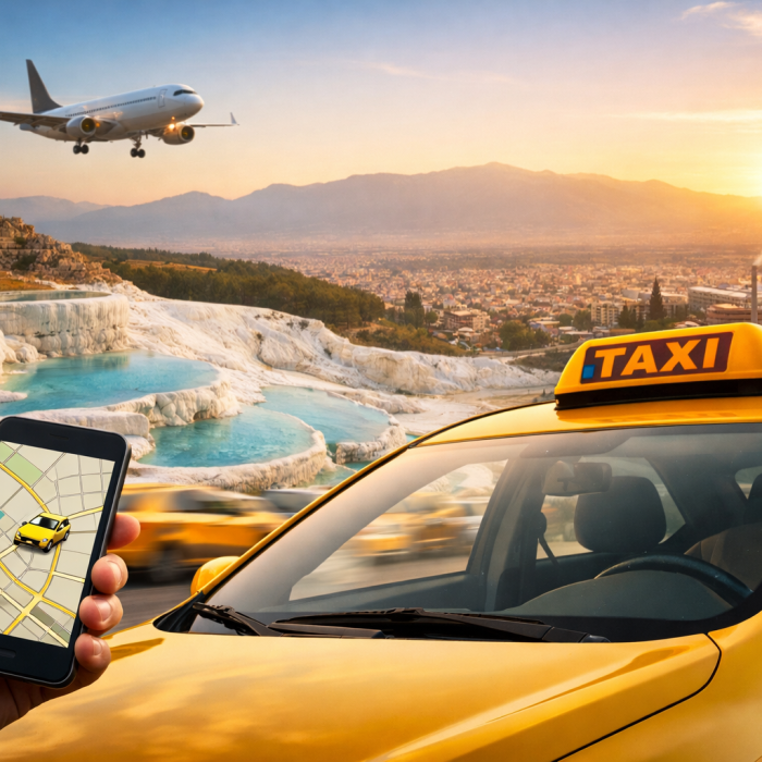 Gün batımında Pamukkale travertenleri ve Hierapolis antik kenti üzerinde uçan bir yolcu uçağı, ön planda bir taksi ve akıllı telefon üzerinden taksi çağırma uygulamasını kullanan bir elin görüldüğü dijital kolaj.