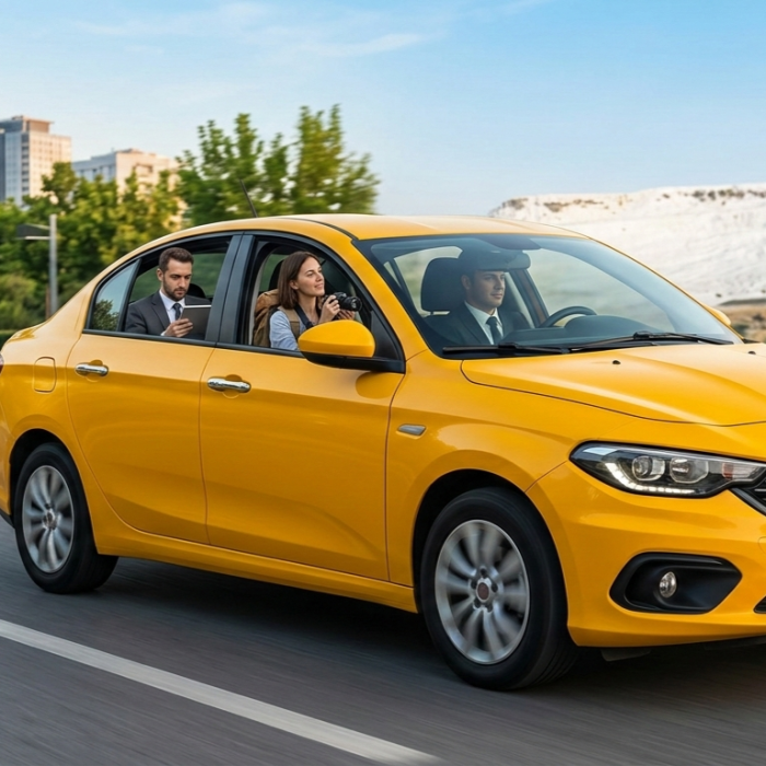 Güneşli bir havada yolda hızla ilerleyen parlak sarı renkli, modern bir sedan otomobil. Aracın içinde takım elbiseli bir sürücü, arka koltukta ise tabletine bakan bir iş insanı ile fotoğraf makinesiyle dışarıyı çeken bir kadın yolcu görülüyor. Arka planda ise şehir yapıları ve beyaz traverten benzeri bir tepe bulunuyor.