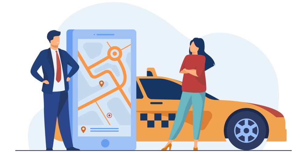 Büyük bir telefon ekranında rota görünen mobil uygulamanın yanında bekleyen iki kişi ve sarı taksi illüstrasyonu.