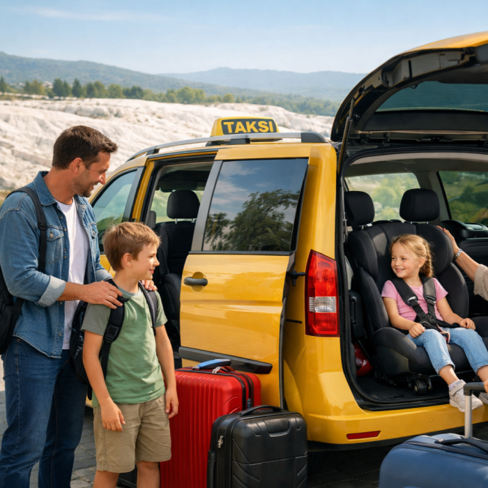 Güneşli bir günde Pamukkale travertenlerinin önünde duran sarı bir ticari taksi. Aracın yanında sırt çantalı bir baba ve oğlu gülümseyerek dururken, küçük bir kız çocuğu bagaj kısmındaki koltukta oturuyor. Yerde kırmızı ve siyah valizler görülüyor.