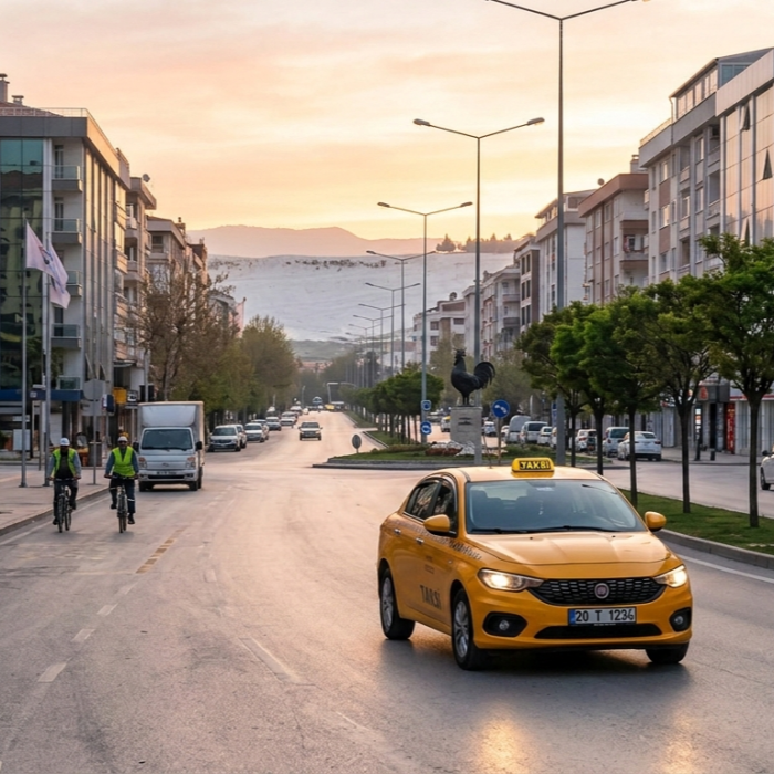 Denizli şehir merkezinde, geniş bir caddede ilerleyen sarı bir taksi; arka planda Pamukkale travertenleri, bir horoz heykeli, bisikletliler ve sabah güneşinin yumuşak ışıklarıyla aydınlanmış şehir manzarası.