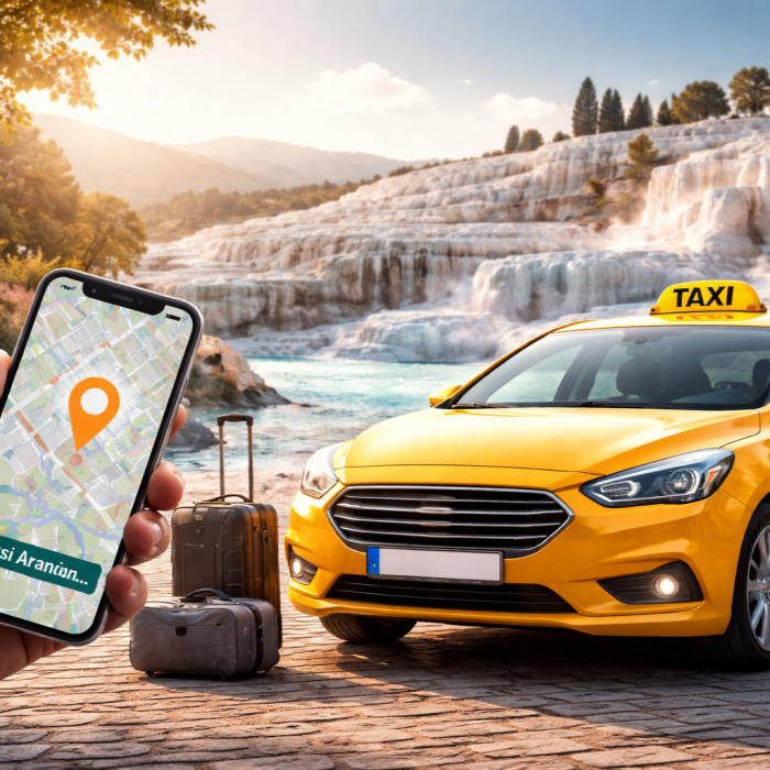 Güneşli bir günde Pamukkale travertenlerinin önünde duran sarı bir taksi, yanında valizler ve ön planda bir akıllı telefon ekranında açık olan taksi çağırma uygulaması haritası.