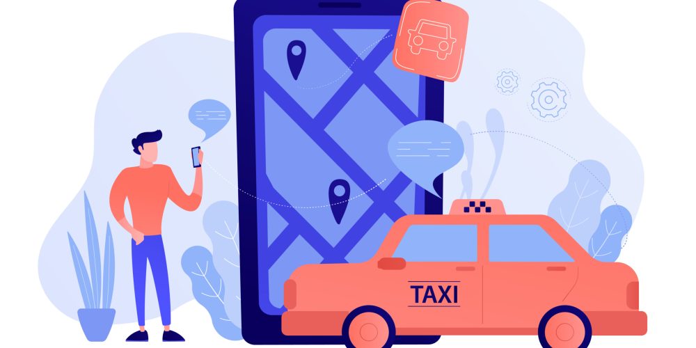 Akıllı telefonla taksi çağıran kişi illüstrasyonu – dijital harita ve turuncu taksiyle Denizli Taksibul mobil ulaşım hizmeti.