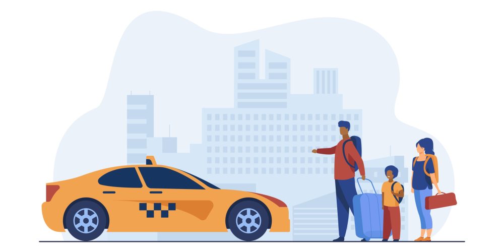 Bavullarıyla sarı taksiye binmek üzere olan aile illüstrasyonu – şehir arka planında Denizli Taksibul ulaşım hizmeti.