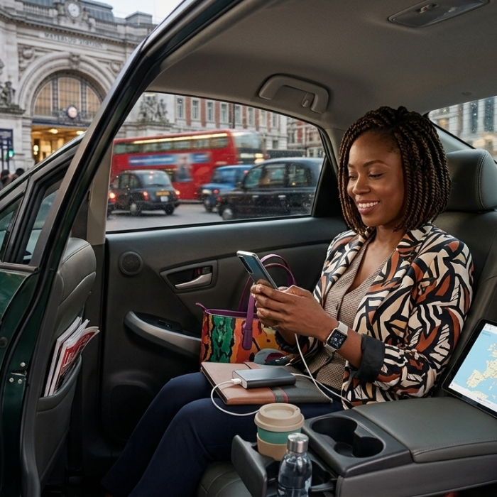 Londra'daki Waterloo İstasyonu önünde, hareket halindeki yeşil bir taksinin arka koltuğunda oturan gülümseyen siyahi iş kadını. Kadın akıllı telefonunu kullanıyor; kucağında bir tablet, taşınabilir şarj cihazı ve yanında bir kahve bardağı bulunuyor. Arka planda ikonik kırmızı Londra otobüsleri ve kalabalık bir cadde görünüyor.